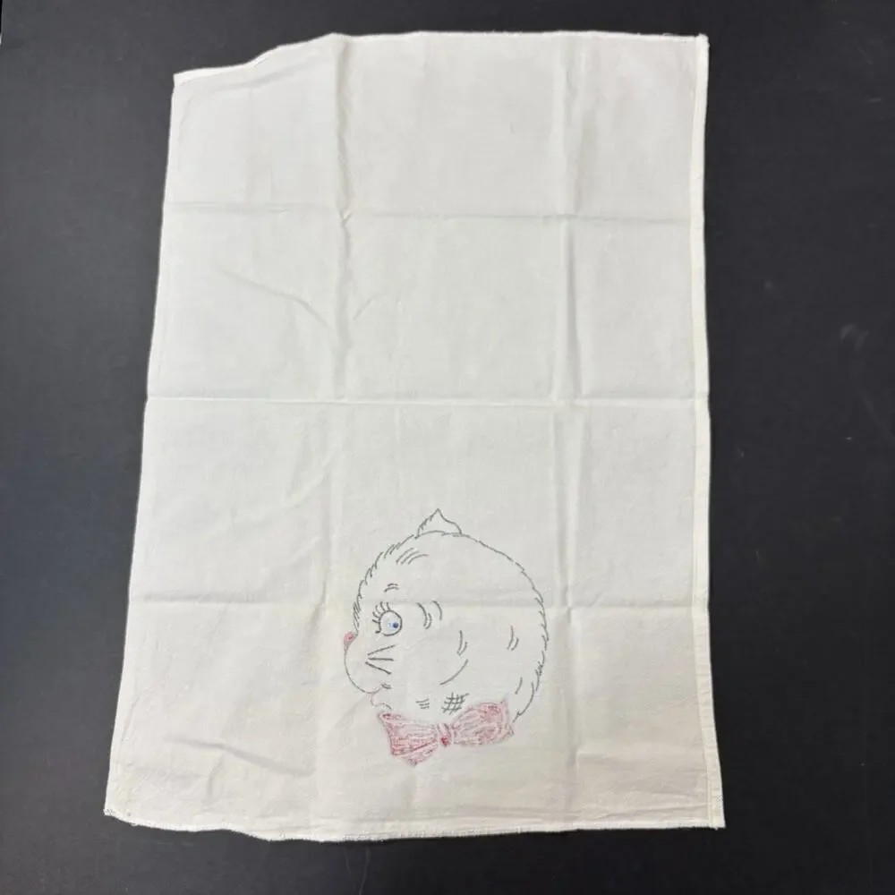 Vintage Hand Painted Cat Tea Towel Red Bow Kitchen Linen 16